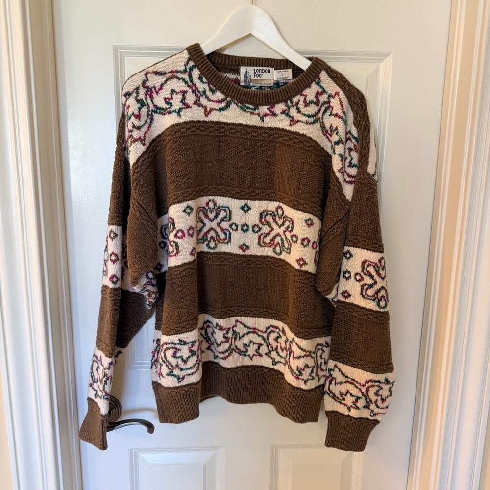 London Fog Vintage Brown and Cream Knit Sweater with teal and pink